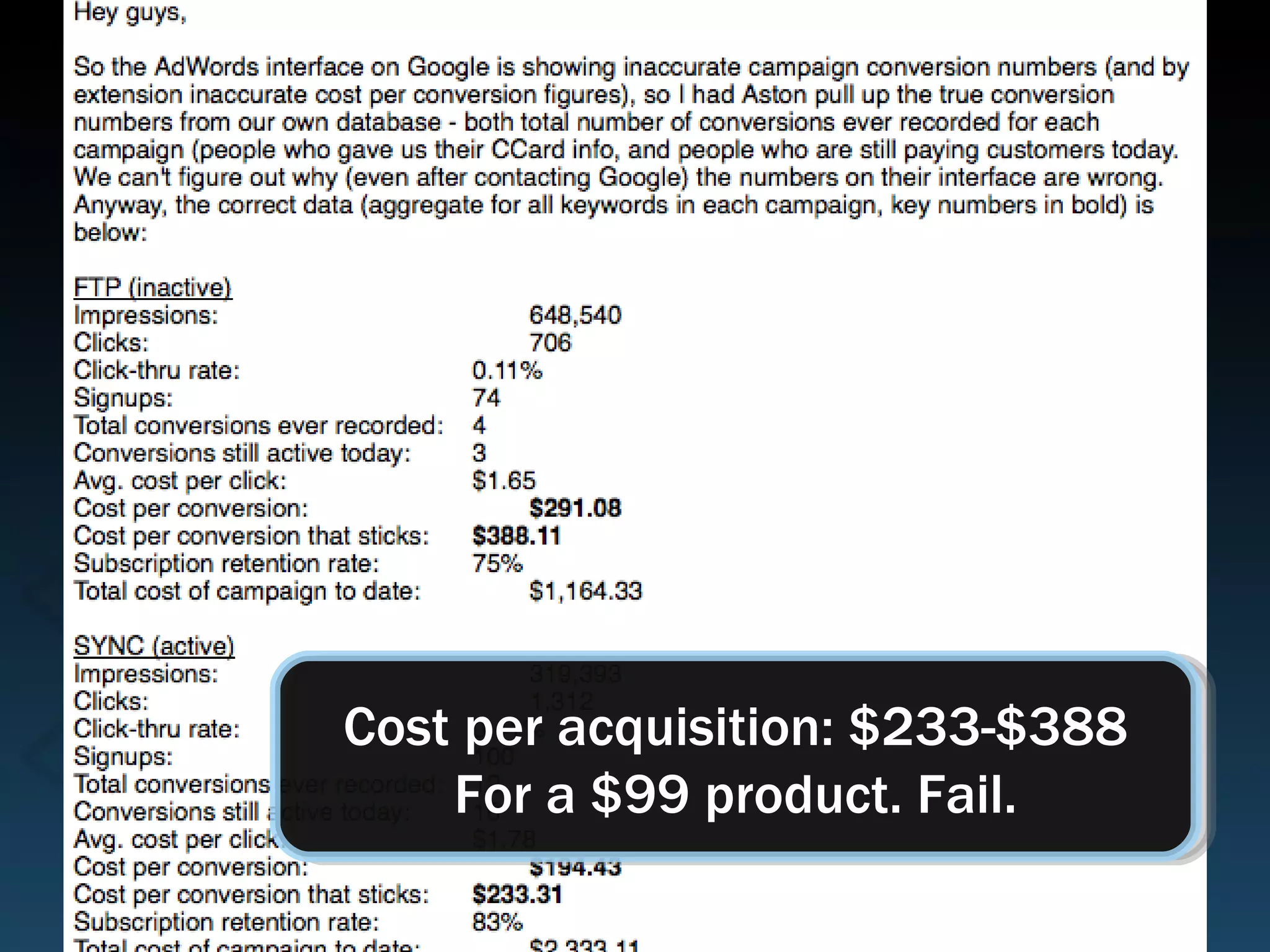 Cost per acquisition: $233-$388 For a $99 product. Fail. 