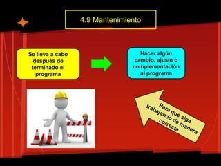 4.9 Mantenimiento
Se lleva a cabo
después de
terminado el
programa
Hacer algún
cambio, ajuste o
complementación
al programa
 