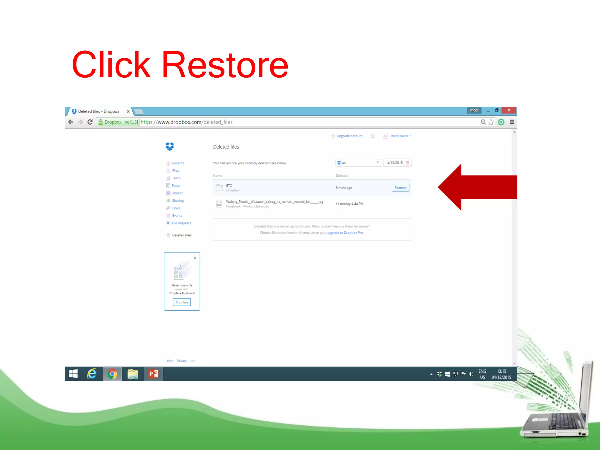 Click Restore
 