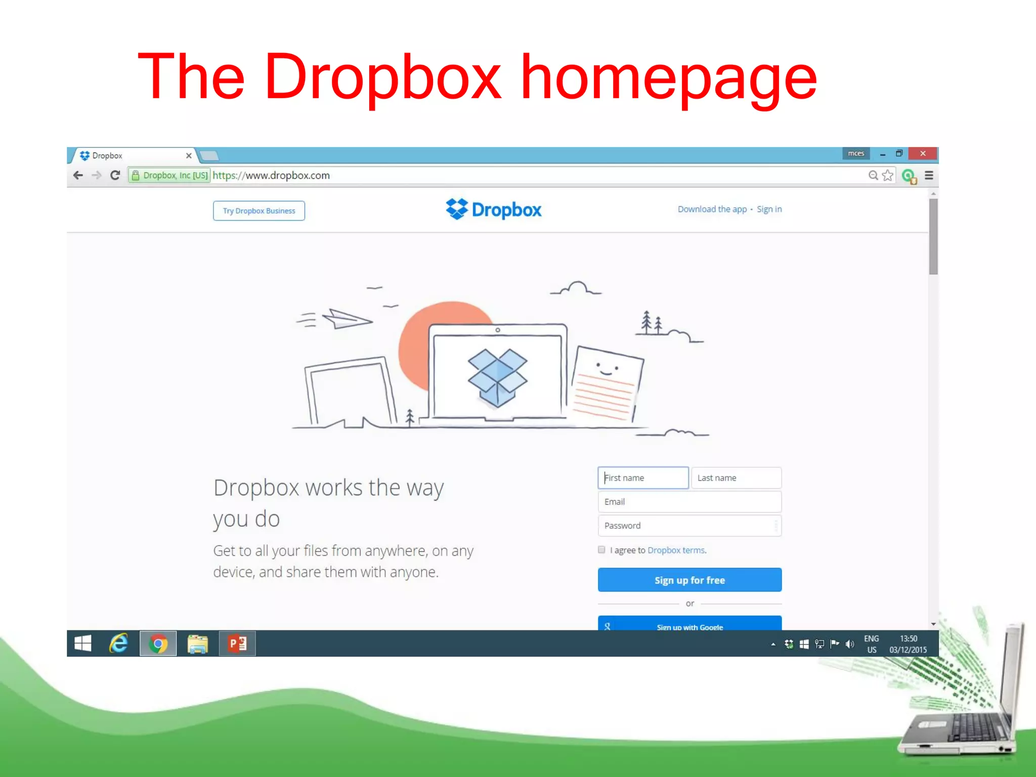 The Dropbox homepage
 