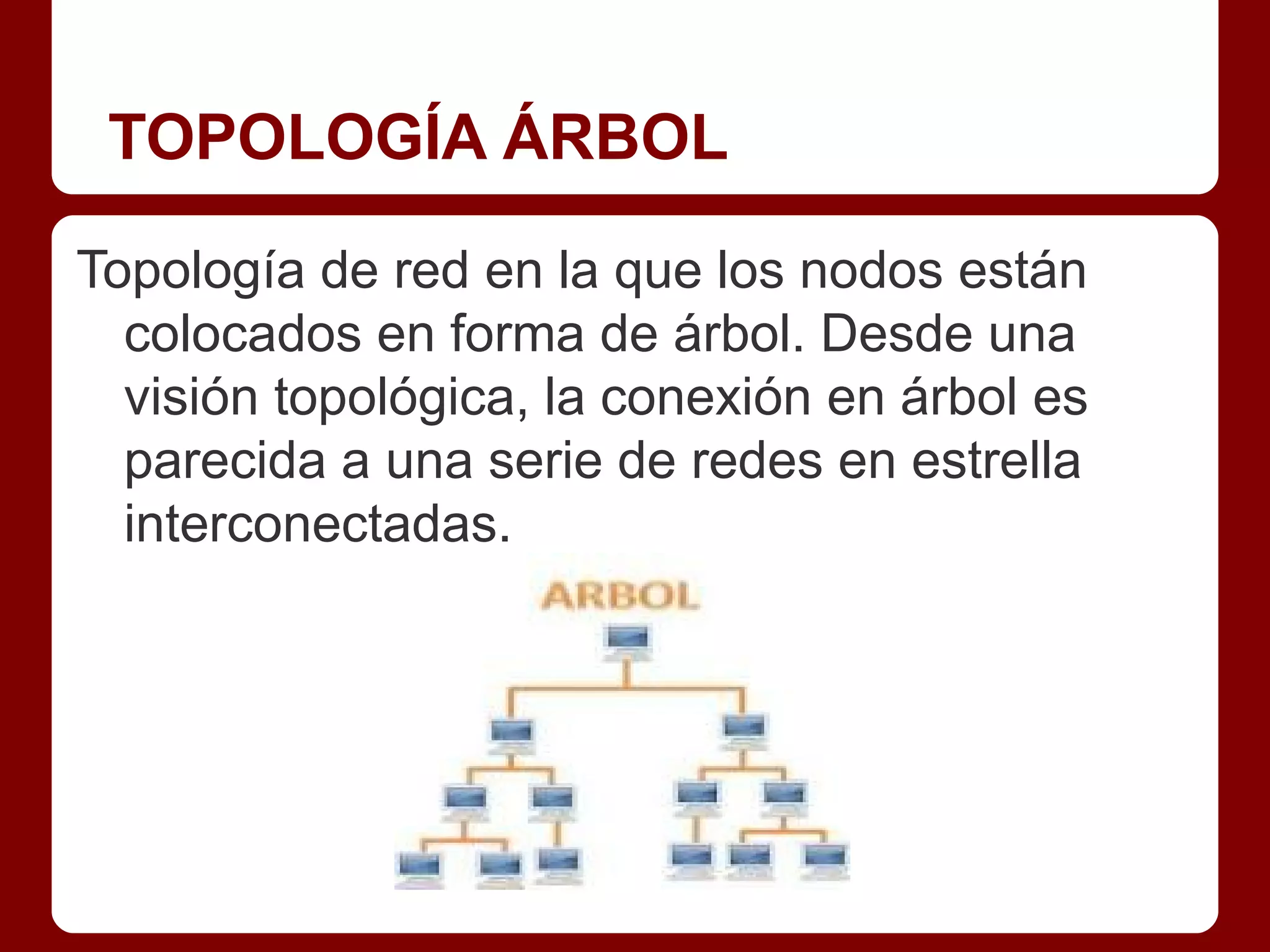TOPOLOGÍA ÁRBOL

Topología de red en la que los nodos están
  colocados en forma de árbol. Desde una
  visión topológica, la conexión en árbol es
  parecida a una serie de redes en estrella
  interconectadas.
 