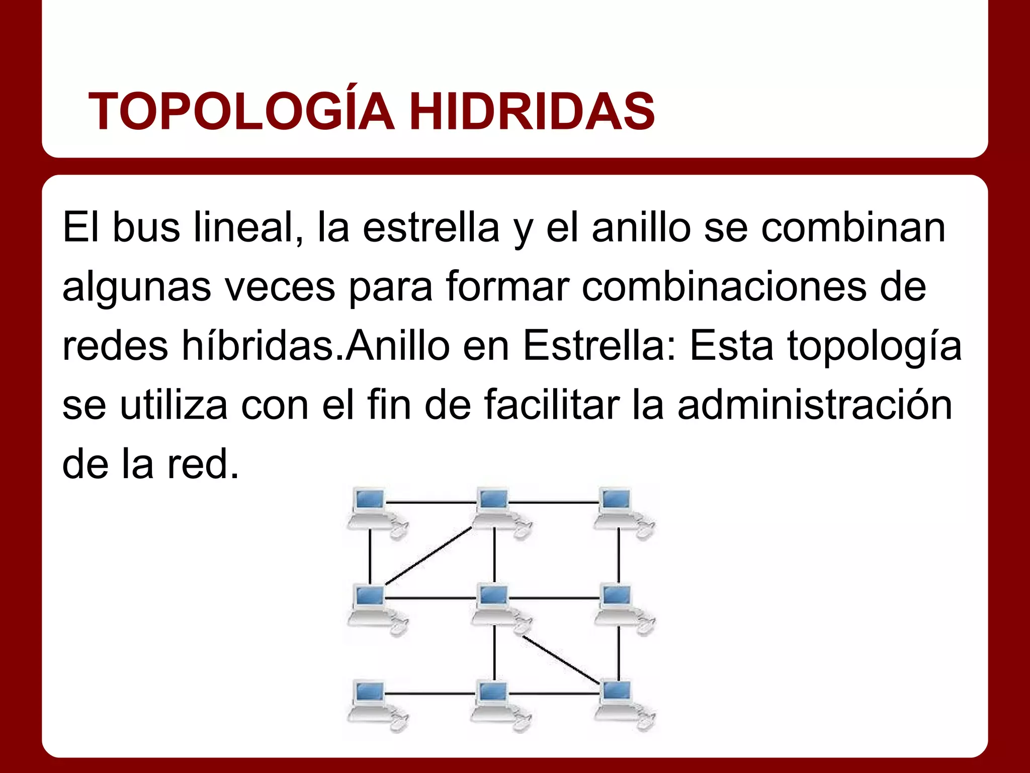 TOPOLOGÍA HIDRIDAS

El bus lineal, la estrella y el anillo se combinan
algunas veces para formar combinaciones de
redes híbridas.Anillo en Estrella: Esta topología
se utiliza con el fin de facilitar la administración
de la red.
 