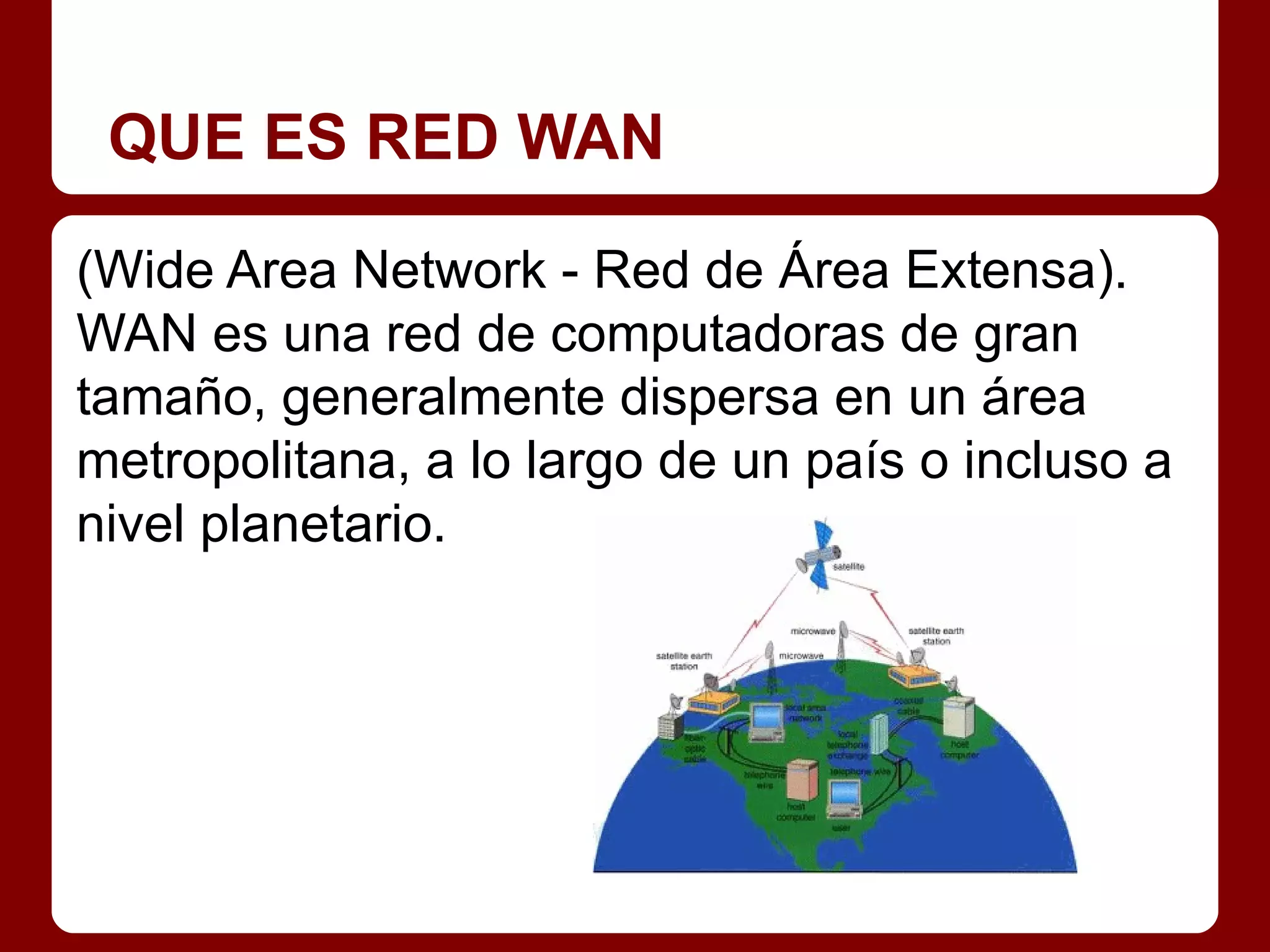 QUE ES RED WAN

(Wide Area Network - Red de Área Extensa).
WAN es una red de computadoras de gran
tamaño, generalmente dispersa en un área
metropolitana, a lo largo de un país o incluso a
nivel planetario.
 