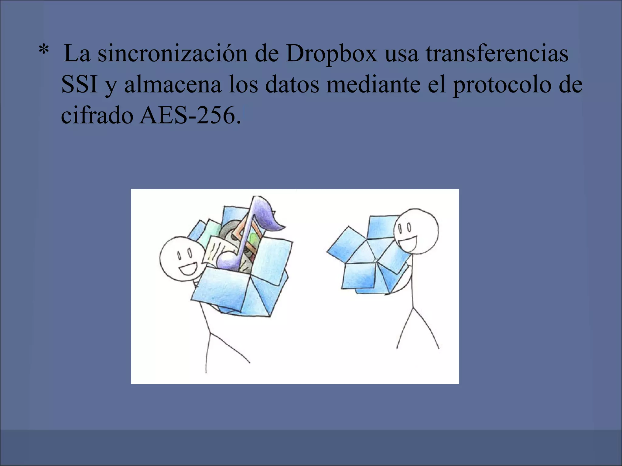 * La sincronización de Dropbox usa transferencias
  SSI y almacena los datos mediante el protocolo de
  cifrado AES-256.[
 