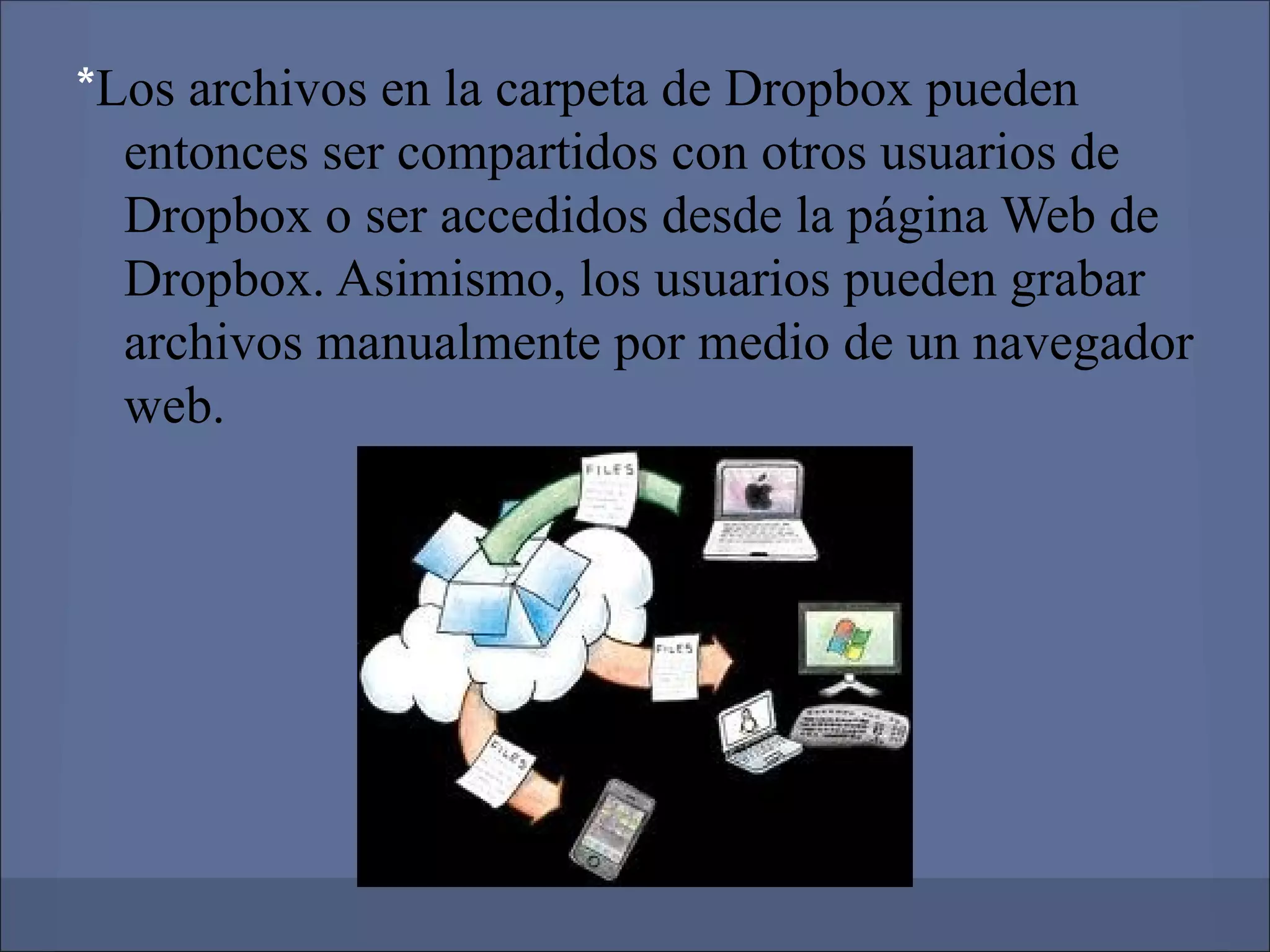 *Los archivos en la carpeta de Dropbox pueden
  entonces ser compartidos con otros usuarios de
  Dropbox o ser accedidos desde la página Web de
  Dropbox. Asimismo, los usuarios pueden grabar
  archivos manualmente por medio de un navegador
  web.
 