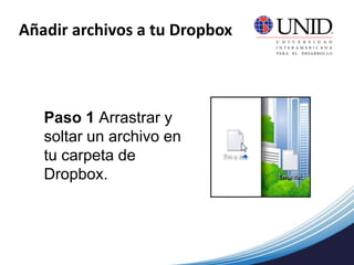 Añadir archivos a tu Dropbox
Paso 1 Arrastrar y
soltar un archivo en
tu carpeta de
Dropbox.
 