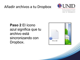 Añadir archivos a tu Dropbox
Paso 2 El ícono
azul significa que tu
archivo está
sincronizando con
Dropbox.
 