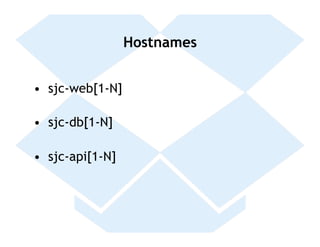 Hostnames


•  sjc-web[1-N]

•  sjc-db[1-N]

•  sjc-api[1-N]
 