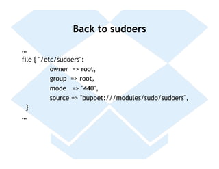 Back to sudoers

…
file { "/etc/sudoers":
           owner => root,
           group => root,
           mode => "440",
           source => "puppet:///modules/sudo/sudoers",
  }
…
 