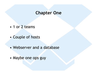 Chapter One


•  1 or 2 teams

•  Couple of hosts

•  Webserver and a database

•  Maybe one ops guy
 