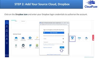 Click on the Dropbox icon and enter your Dropbox login credentials to authorize the account.
STEP 2: Add Your Source Cloud, Dropbox
 