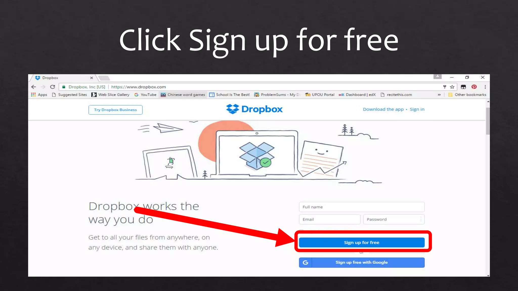 Click Sign up for free
 
