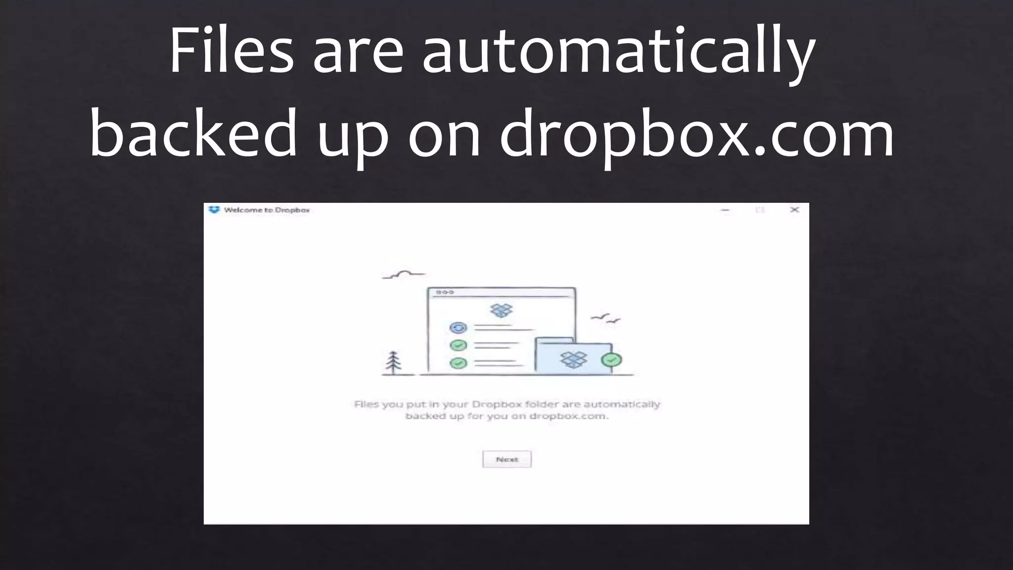 Files are automatically
backed up on dropbox.com
 