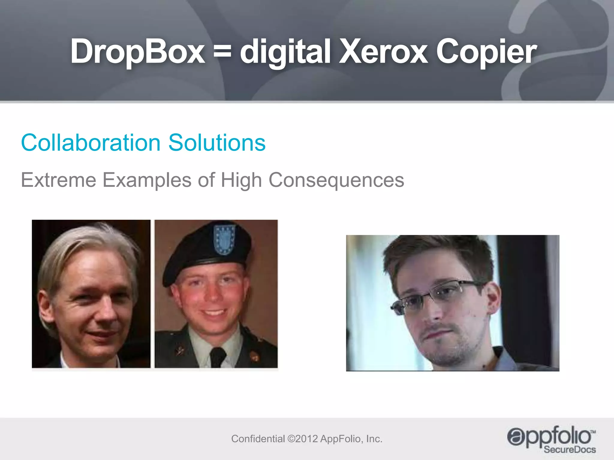 DropBox = digital Xerox Copier
Collaboration Solutions
Extreme Examples of High Consequences

Confidential ©2012 AppFolio, Inc.

 