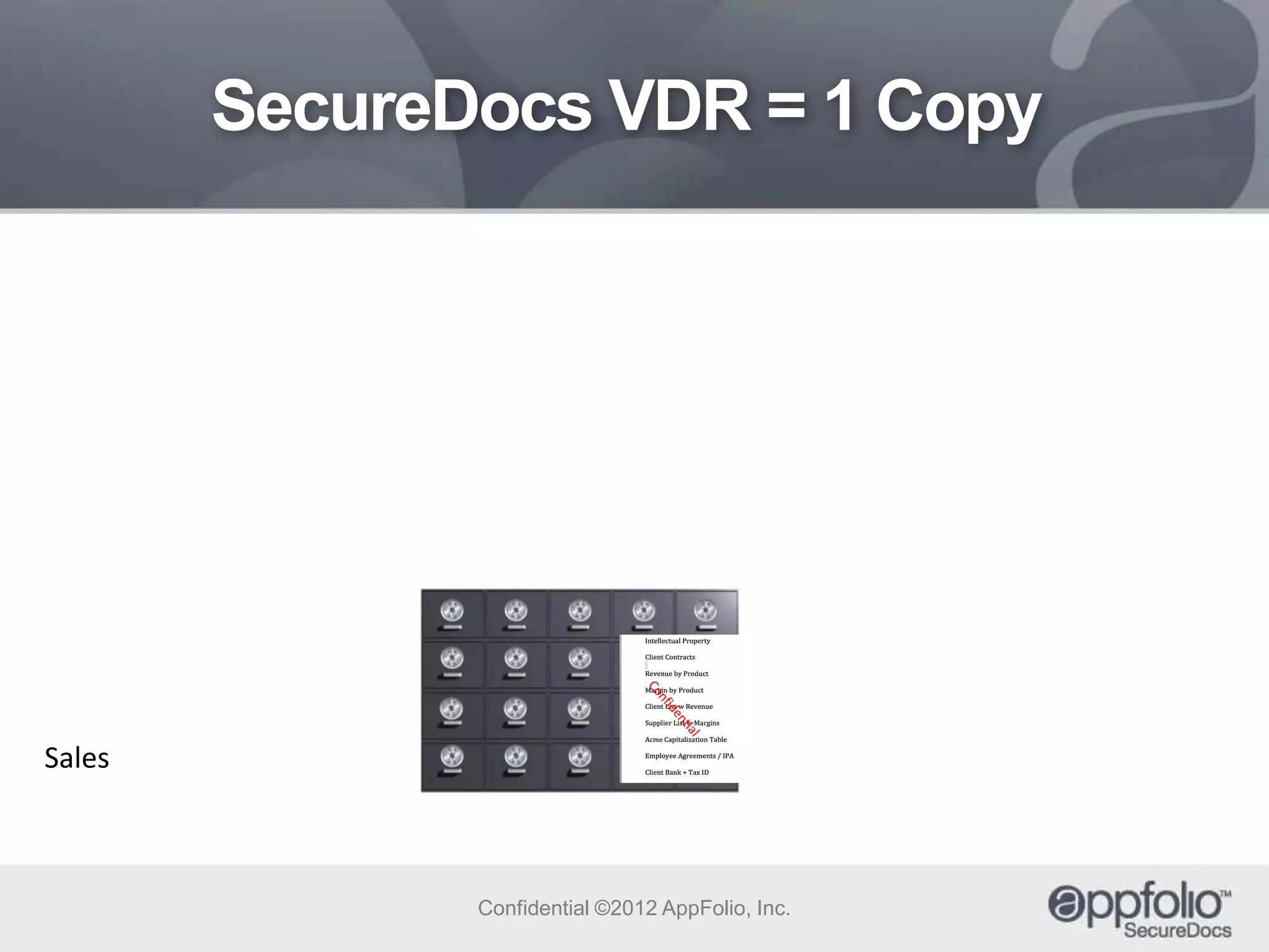 SecureDocs VDR = 1 Copy

Sales

Confidential ©2012 AppFolio, Inc.

 