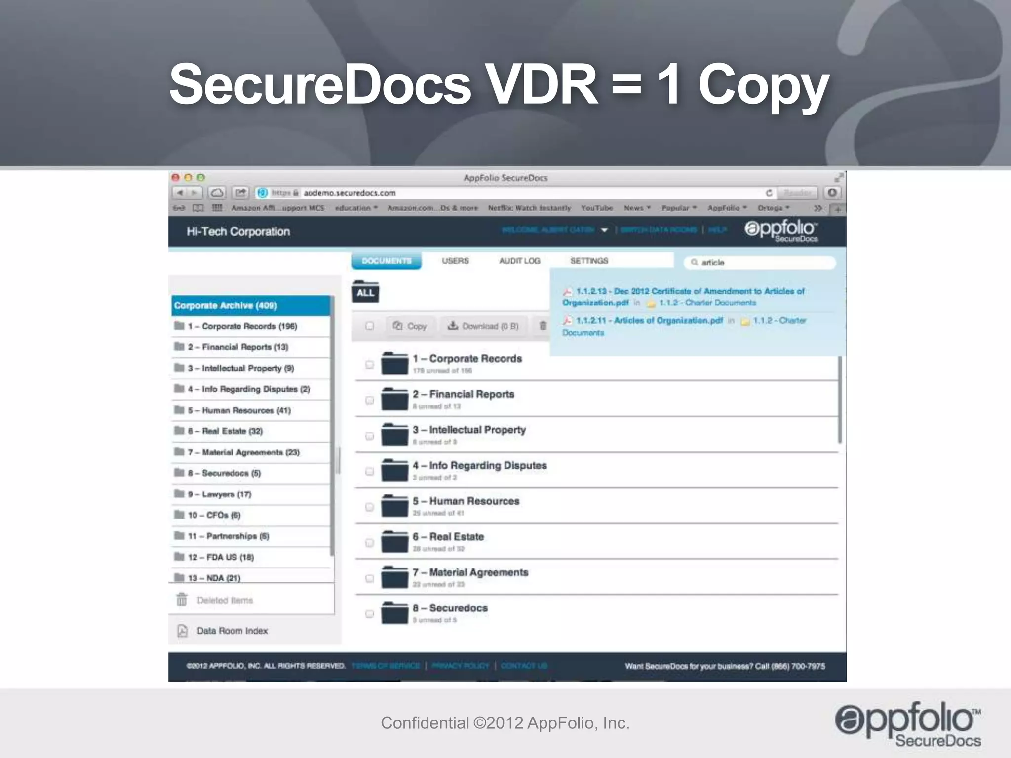 SecureDocs VDR = 1 Copy

Confidential ©2012 AppFolio, Inc.

 