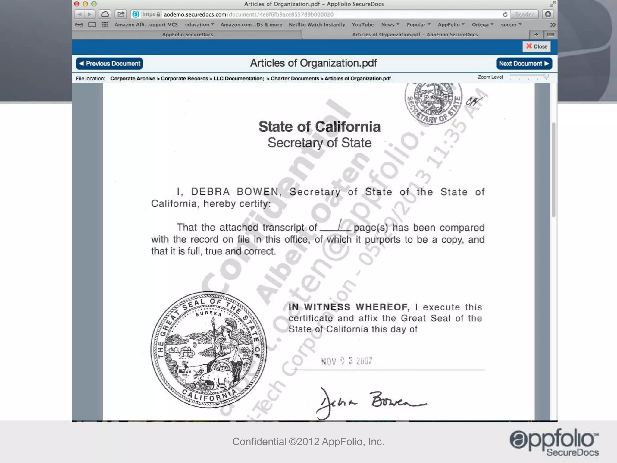 SecureDocs VDR = 1 Copy

Confidential ©2012 AppFolio, Inc.

 
