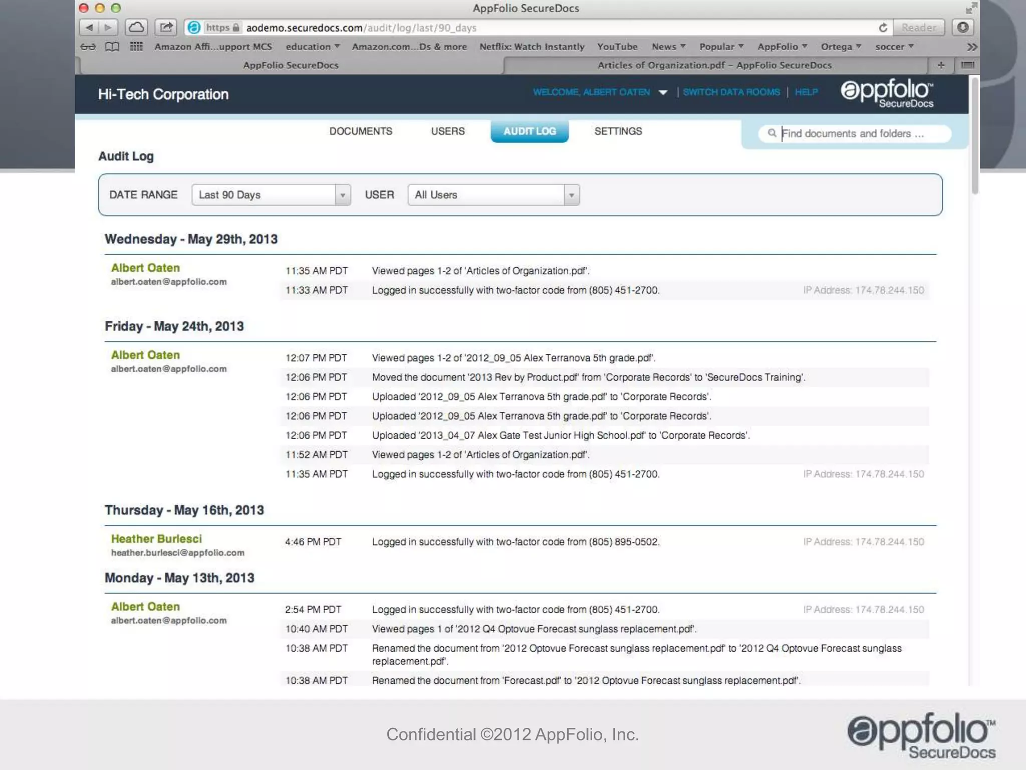 SecureDocs VDR = 1 Copy

Confidential ©2012 AppFolio, Inc.

 