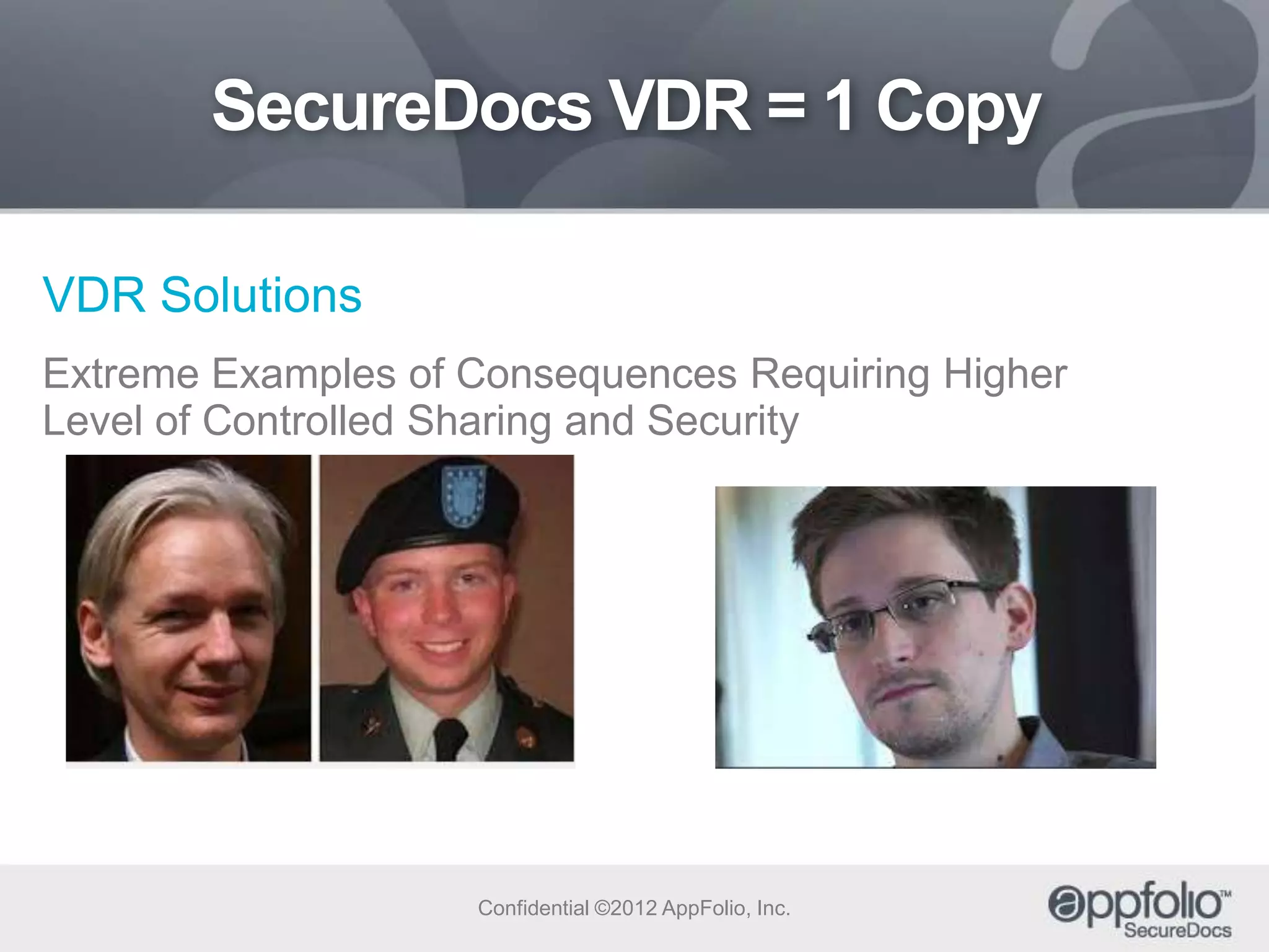 SecureDocs VDR = 1 Copy
VDR Solutions
Extreme Examples of Consequences Requiring Higher
Level of Controlled Sharing and Security

Confidential ©2012 AppFolio, Inc.

 