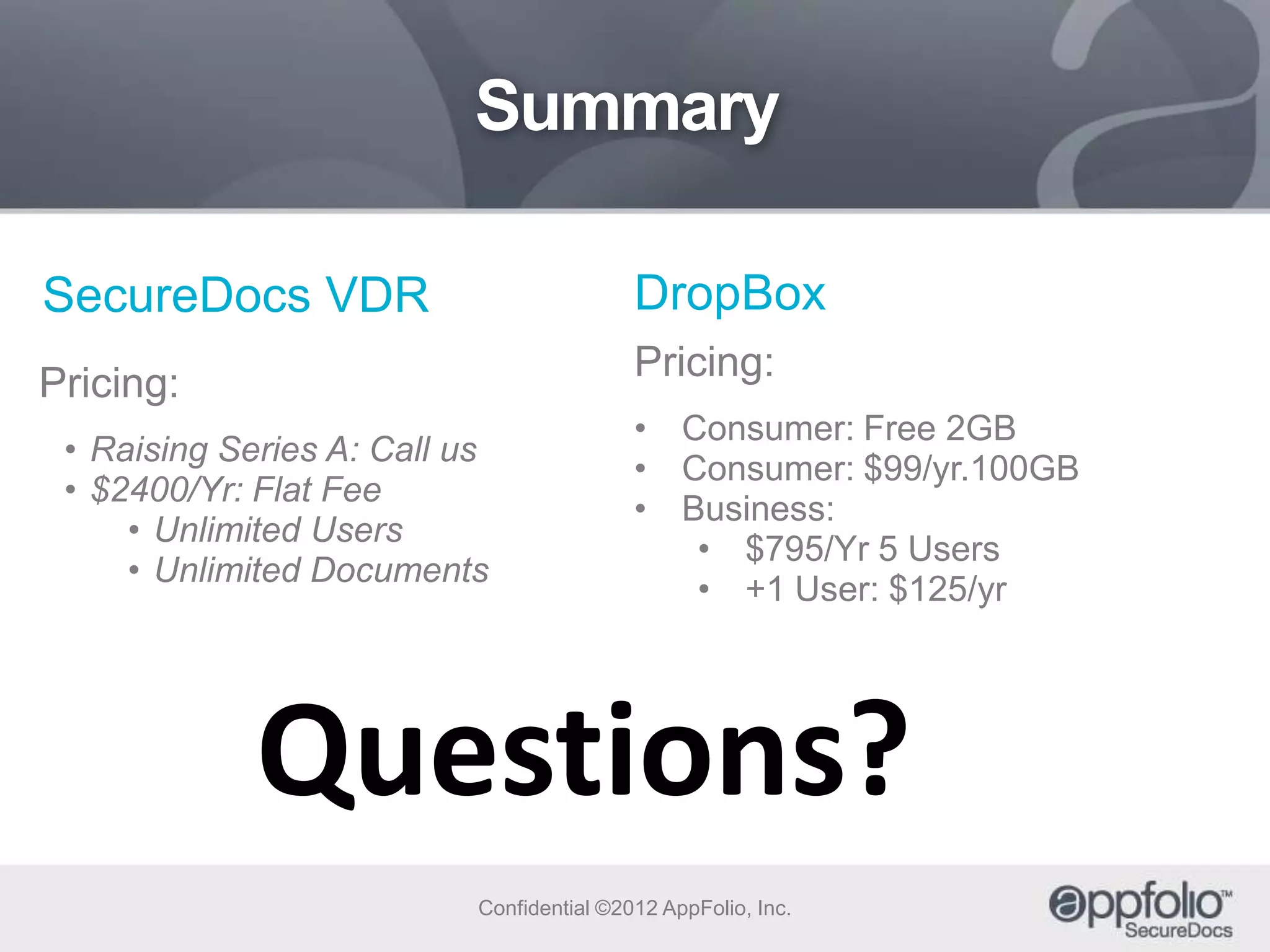 Summary
SecureDocs VDR

DropBox

Pricing:

Pricing:

• Raising Series A: Call us
• $2400/Yr: Flat Fee
• Unlimited Users
• Unlimited Documents

• Consumer: Free 2GB
• Consumer: $99/yr.100GB
• Business:
• $795/Yr 5 Users
• +1 User: $125/yr

Questions?
Confidential ©2012 AppFolio, Inc.

 