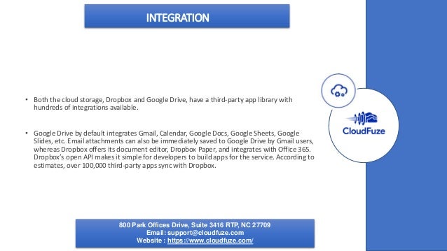 INTEGRATION
• Both the cloud storage, Dropbox and Google Drive, have a third-party app library with
hundreds of integrations available.
• Google Drive by default integrates Gmail, Calendar, Google Docs, Google Sheets, Google
Slides, etc. Email attachments can also be immediately saved to Google Drive by Gmail users,
whereas Dropbox offers its document editor, Dropbox Paper, and integrates with Office 365.
Dropbox’s open API makes it simple for developers to build apps for the service. According to
estimates, over 100,000 third-party apps sync with Dropbox.
800 Park Offices Drive, Suite 3416 RTP, NC 27709
Email: support@cloudfuze.com
Website : https://www.cloudfuze.com/
 