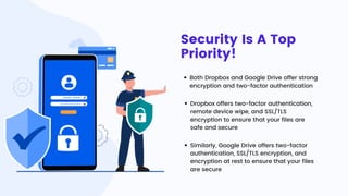 Security Is A Top
Priority!
Both Dropbox and Google Drive offer strong
encryption and two-factor authentication
Dropbox offers two-factor authentication,
remote device wipe, and SSL/TLS
encryption to ensure that your files are
safe and secure
Similarly, Google Drive offers two-factor
authentication, SSL/TLS encryption, and
encryption at rest to ensure that your files
are secure
 