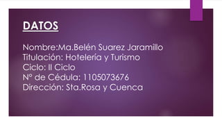 DATOS
Nombre:Ma.Belén Suarez Jaramillo
Titulación: Hotelería y Turismo
Ciclo: II Ciclo
N° de Cédula: 1105073676
Dirección: Sta.Rosa y Cuenca
 