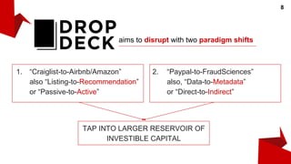 DropDeck saves your
time sourcing, screening
and evaluating decks:
Your most suitable and
potential decks are put at
the TOP of your Home.
Information is arranged in
order of importance - into 3
different layers of details
(Home → Deck → Claim),
so you can screen based
on what matters most first
before spending time on
more details.
9
 