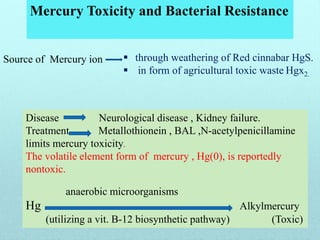 Mercury Toxicity and Bacterial Resistance
Source of Mercury ion  through weathering of Red cinnabar HgS.
 in form of agricultural toxic waste Hgx2.
Disease Neurological disease , Kidney failure.
Treatment Metallothionein , BAL ,N-acetylpenicillamine
limits mercury toxicity.
The volatile element form of mercury , Hg(0), is reportedly
nontoxic.
anaerobic microorganisms
Hg Alkylmercury
(utilizing a vit. B-12 biosynthetic pathway) (Toxic)
 