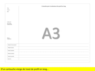 Cartouche pour la realisation d'un profil en long
Nom:
Groupe:
Date:

ECHELLES:
HAUTEURS:
LONGUEURS:

Plan de
comparaison:

A3

Altitude (Z) terrain naturel:

Altitude (Z) projet:

Distances partielles:

Distances cumulees:

Numero des profils:
Pente (%) :

D’un cartouche vierge de tracé de profil en long…

 