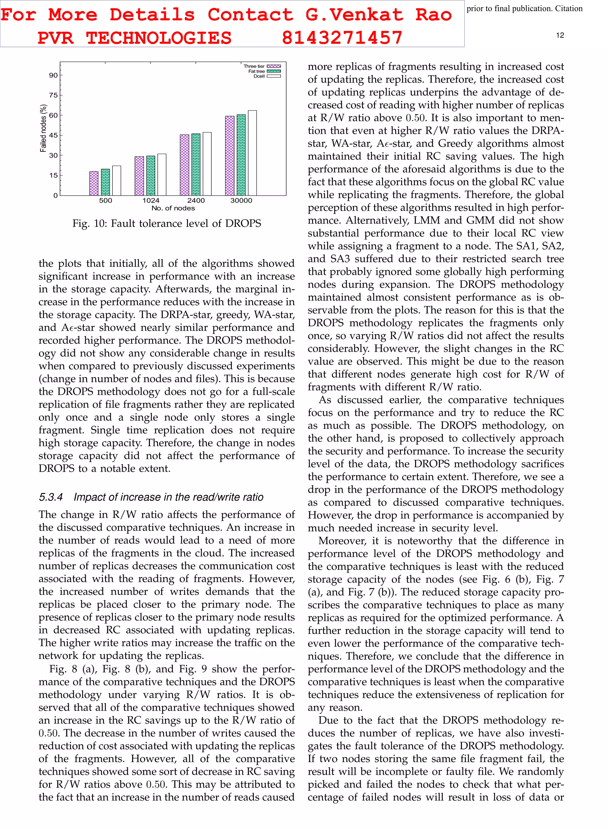 This article has been accepted for publication in a future issue of this journal, but has not been fully edited. Content may change prior to final publication. Citation
information: DOI 10.1109/TCC.2015.2400460, IEEE Transactions on Cloud Computing
IEEE TRANSACTIONS ON CLOUD COMPUTING 12
0
15
30
45
60
75
90
500 1024 2400 30000
Failednodes(%)
No. of nodes
Three tier
Fat tree
Dcell
Fig. 10: Fault tolerance level of DROPS
the plots that initially, all of the algorithms showed
signiﬁcant increase in performance with an increase
in the storage capacity. Afterwards, the marginal in-
crease in the performance reduces with the increase in
the storage capacity. The DRPA-star, greedy, WA-star,
and A -star showed nearly similar performance and
recorded higher performance. The DROPS methodol-
ogy did not show any considerable change in results
when compared to previously discussed experiments
(change in number of nodes and ﬁles). This is because
the DROPS methodology does not go for a full-scale
replication of ﬁle fragments rather they are replicated
only once and a single node only stores a single
fragment. Single time replication does not require
high storage capacity. Therefore, the change in nodes
storage capacity did not affect the performance of
DROPS to a notable extent.
5.3.4 Impact of increase in the read/write ratio
The change in R/W ratio affects the performance of
the discussed comparative techniques. An increase in
the number of reads would lead to a need of more
replicas of the fragments in the cloud. The increased
number of replicas decreases the communication cost
associated with the reading of fragments. However,
the increased number of writes demands that the
replicas be placed closer to the primary node. The
presence of replicas closer to the primary node results
in decreased RC associated with updating replicas.
The higher write ratios may increase the trafﬁc on the
network for updating the replicas.
Fig. 8 (a), Fig. 8 (b), and Fig. 9 show the perfor-
mance of the comparative techniques and the DROPS
methodology under varying R/W ratios. It is ob-
served that all of the comparative techniques showed
an increase in the RC savings up to the R/W ratio of
0.50. The decrease in the number of writes caused the
reduction of cost associated with updating the replicas
of the fragments. However, all of the comparative
techniques showed some sort of decrease in RC saving
for R/W ratios above 0.50. This may be attributed to
the fact that an increase in the number of reads caused
more replicas of fragments resulting in increased cost
of updating the replicas. Therefore, the increased cost
of updating replicas underpins the advantage of de-
creased cost of reading with higher number of replicas
at R/W ratio above 0.50. It is also important to men-
tion that even at higher R/W ratio values the DRPA-
star, WA-star, A -star, and Greedy algorithms almost
maintained their initial RC saving values. The high
performance of the aforesaid algorithms is due to the
fact that these algorithms focus on the global RC value
while replicating the fragments. Therefore, the global
perception of these algorithms resulted in high perfor-
mance. Alternatively, LMM and GMM did not show
substantial performance due to their local RC view
while assigning a fragment to a node. The SA1, SA2,
and SA3 suffered due to their restricted search tree
that probably ignored some globally high performing
nodes during expansion. The DROPS methodology
maintained almost consistent performance as is ob-
servable from the plots. The reason for this is that the
DROPS methodology replicates the fragments only
once, so varying R/W ratios did not affect the results
considerably. However, the slight changes in the RC
value are observed. This might be due to the reason
that different nodes generate high cost for R/W of
fragments with different R/W ratio.
As discussed earlier, the comparative techniques
focus on the performance and try to reduce the RC
as much as possible. The DROPS methodology, on
the other hand, is proposed to collectively approach
the security and performance. To increase the security
level of the data, the DROPS methodology sacriﬁces
the performance to certain extent. Therefore, we see a
drop in the performance of the DROPS methodology
as compared to discussed comparative techniques.
However, the drop in performance is accompanied by
much needed increase in security level.
Moreover, it is noteworthy that the difference in
performance level of the DROPS methodology and
the comparative techniques is least with the reduced
storage capacity of the nodes (see Fig. 6 (b), Fig. 7
(a), and Fig. 7 (b)). The reduced storage capacity pro-
scribes the comparative techniques to place as many
replicas as required for the optimized performance. A
further reduction in the storage capacity will tend to
even lower the performance of the comparative tech-
niques. Therefore, we conclude that the difference in
performance level of the DROPS methodology and the
comparative techniques is least when the comparative
techniques reduce the extensiveness of replication for
any reason.
Due to the fact that the DROPS methodology re-
duces the number of replicas, we have also investi-
gates the fault tolerance of the DROPS methodology.
If two nodes storing the same ﬁle fragment fail, the
result will be incomplete or faulty ﬁle. We randomly
picked and failed the nodes to check that what per-
centage of failed nodes will result in loss of data or
For More Details Contact G.Venkat Rao
PVR TECHNOLOGIES 8143271457
 