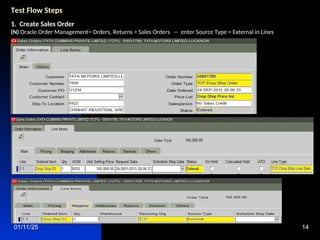 01/11/25 14
Test Flow Steps
1. Create Sales Order
(N) Oracle Order Management> Orders, Returns > Sales Orders -- enter Source Type = External in Lines
 