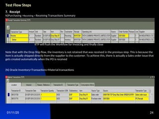 01/11/25 24
Test Flow Steps
7. Receipt
N)Purchasing >Receiving > Receiving Transactions Summary
RTP will Push the Workflow for Invoicing and finally close
Note that with the Drop Ship flow, the inventory is not retained that was received in the previous step. This is because the
item is actually shipped directly from the supplier to the customer. To achieve this, there is actually a Sales order issue that
gets created automatically when the PO is received
(N) Oracle Inventory>Transactions>Material transactions
 