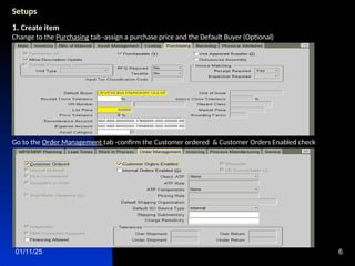 01/11/25 6
Setups
1. Create item
Change to the Purchasing tab -assign a purchase price and the Default Buyer (Optional)
Go to the Order Management tab -confirm the Customer ordered & Customer Orders Enabled check
 