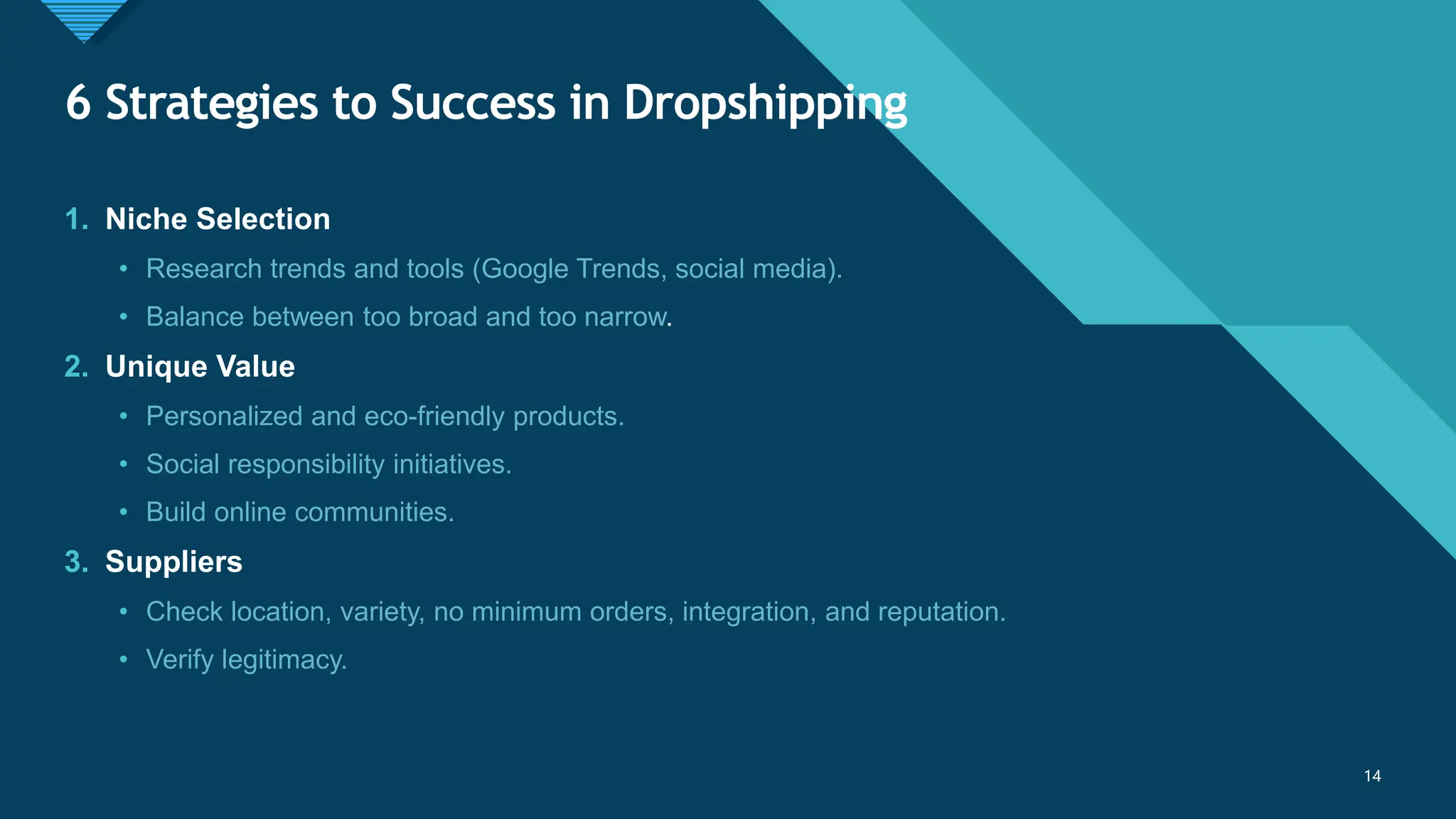 Click to edit Master title style
14
6 Strategies to Success in Dropshipping
14
1. Niche Selection
• Research trends and tools (Google Trends, social media).
• Balance between too broad and too narrow.
2. Unique Value
• Personalized and eco-friendly products.
• Social responsibility initiatives.
• Build online communities.
3. Suppliers
• Check location, variety, no minimum orders, integration, and reputation.
• Verify legitimacy.
 