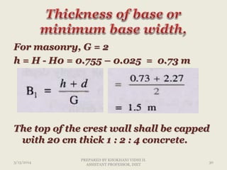 For masonry, G = 2
h = H - H0 = 0.755 – 0.025 = 0.73 m
The top of the crest wall shall be capped
with 20 cm thick 1 : 2 : 4 concrete.
3/13/2014 30
PREPARED BY KHOKHANI VIDHI H.
ASSISTANT PROFESSOR, DIET
 