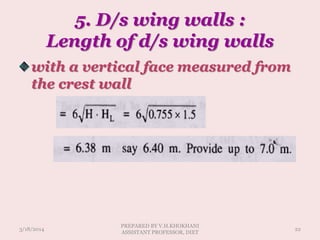 5. D/s wing walls :
Length of d/s wing walls
with a vertical face measured from
the crest wall
3/18/2014 22
PREPARED BY V.H.KHOKHANI
ASSISTANT PROFESSOR, DIET
 