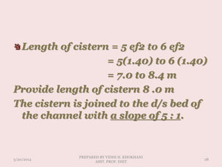 Length of cistern = 5 ef2 to 6 ef2
= 5(1.40) to 6 (1.40)
= 7.0 to 8.4 m
Provide length of cistern 8 .0 m
The cistern is joined to the d/s bed of
the channel with a slope of 5 : 1.
3/20/2014
PREPARED BY VIDHI H. KHOKHANI
ASST. PROF. DIET
28
 