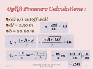 (a) u/s cutoff wall
d{ = 1.30 m
b = 20.60 m
3/20/2014
PREPARED BY VIDHI H. KHOKHANI
ASST. PROF. DIET
38
 
