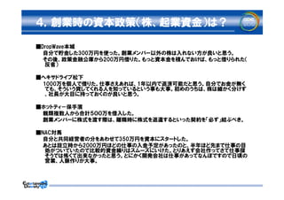 ４，創業時の資本政策（株、起業資金）は？

■DropWave本城
　　自分で貯金した300万円を使った。創業メンバー以外の株は入れない方が良いと思う。
　　その後、政策金融公庫から200万円借りた。もっと資本金を積んでおけば、もっと借りられた（
  反省）

■ヘキサドライブ松下
　　1000万を個人で借りた。仕事さえあれば、1年以内で返済可能だと思う。自分でお金が無く
   ても、そういう貸してくれる人を知っているという事も大事。初めのうちは、株は細かく分けず
   、社長が大目に持っておくのが良いと思う。

■ホットティ－保手濱
　　親類複数人から合計５００万を借入した。
　　創業メンバーに株式を渡す際は、離職時に株式を返還するといった契約を「必ず」結ぶべき。

■NAC対馬
　　自分と共同経営者の分をあわせて350万円を資本にスタートした。
　　あとは設立時から2000万円ほどの仕事の入金予定があったのと、半年ほど先まで仕事の目
  処がついていたので比較的資金繰りはスムーズにいけた。とりあえず会社作ってさて仕事探
  そうでは怖くて出来なかったと思う。とにかく開発会社は仕事があってなんぼですので日頃の
  営業、人脈作りが大事。
 