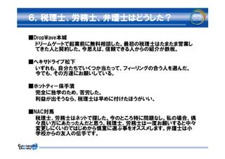 ６，税理士、労務士、弁護士はどうした？

■DropWave本城
　　ドリームゲートで起業前に無料相談した。最初の税理士はたまたま営業し
  てきた人と契約した。今思えば、信頼できる人からの紹介が鉄板。

■ヘキサドライブ松下
　　いずれも、自分たちでいくつか当たって、フィーリングの合う人を選んだ。　　　　
  今でも、その方達にお願いしている。

■ホットティ－保手濱
　　完全に独学のため、苦労した。
　　利益が出そうなら、税理士は早めに付けたほうがいい。

■NAC対馬
　　税理士、労務士はネットで探した。今のところ特に問題なし。私の場合、偶
  々良い方にあたったんだと思う。税理士、労務士は一度お願いすると中々
  変更しにくいのではじめから慎重に選ぶ事をオススメします。弁護士は小
  学校からの友人の伝手です。
 