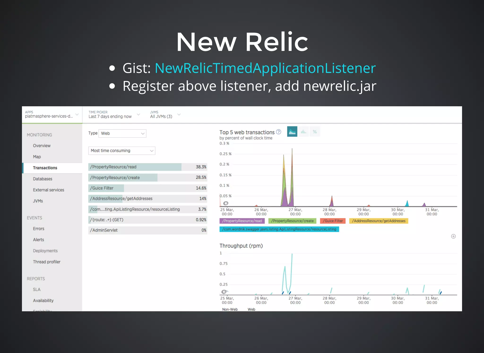 New RelicNew Relic
Gist:
Register above listener, add newrelic.jar
NewRelicTimedApplicationListener
 