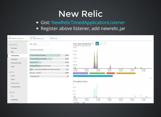 New RelicNew Relic
Gist:
Register above listener, add newrelic.jar
NewRelicTimedApplicationListener
 