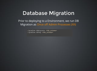Database MigrationDatabase Migration
Prior to deploying to a Environment, we run DB
Migration as Once oﬀ Admin Processes (XII)
./gradlew dbMigrate -Pdb_schema=
./gradlew dbTag -Pdb_schema=
 