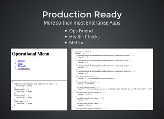 Production ReadyProduction Ready
Ops Friend
Health Checks
Metrix
More so than most Enterprise Apps
 