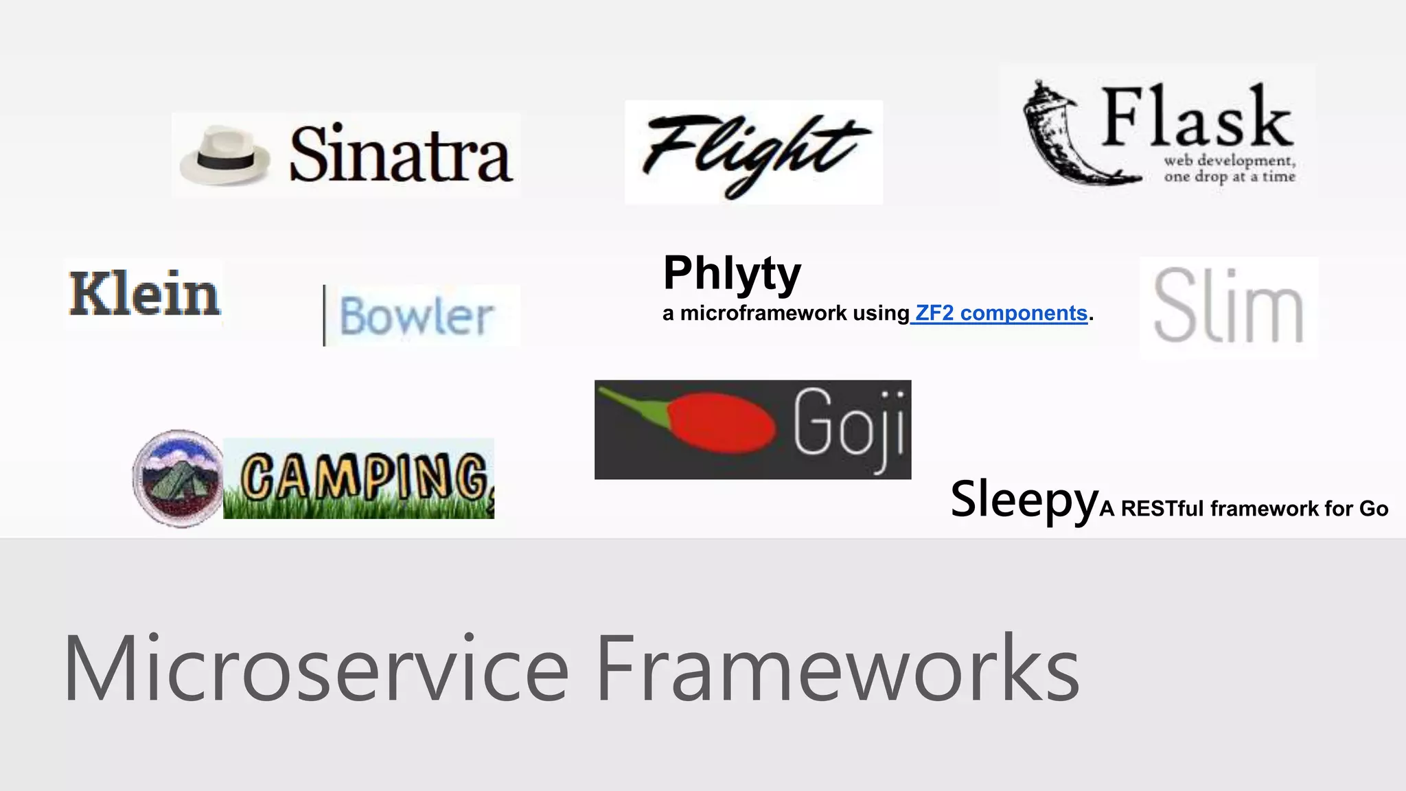 Phlyty 
a microframework using ZF2 components. 
SleepyA RESTful framework for Go 
Microservice Frameworks 
 