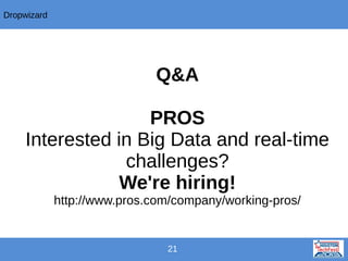 Dropwizard

Q&A
PROS
Interested in Big Data and real-time
challenges?
We're hiring!
http://www.pros.com/company/working-pros/

21

 