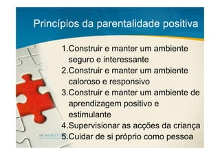 Princípios da parentalidade positiva

      1.Construir e manter um ambiente
        seguro e interessante
      2.Construir e manter um ambiente
        caloroso e responsivo
      3.Construir e manter um ambiente de
        aprendizagem positivo e
        estimulante
      4.Supervisionar as acções da criança
      5.Cuidar de si próprio como pessoa
 