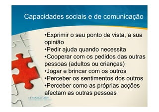 Capacidades sociais e de comunicação

      •Exprimir o seu ponto de vista, a sua
      opinião
      •Pedir ajuda quando necessita
      •Cooperar com os pedidos das outras
      pessoas (adultos ou crianças)
      •Jogar e brincar com os outros
      •Perceber os sentimentos dos outros
      •Perceber como as próprias acções
      afectam as outras pessoas
 