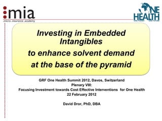 Investing in Embedded
              Intangibles
     to enhance solvent demand
      at the base of the pyramid
           GRF One Health Summit 2012, Davos, Switzerland
                            Plenary VIII:
Focusing Investment towards Cost Effective Interventions for One Health
                          22 February 2012

                         David Dror, PhD, DBA
 